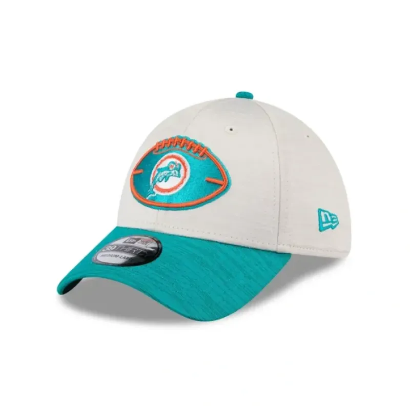 Discount Miami Dolphins 2024 Historic Sideline 39THIRTY Stretch Fit Hat - KTGCaps - Baseball caps for various teams, purchased online at a discount