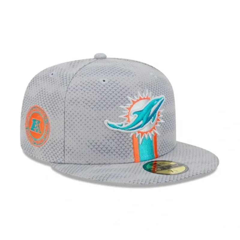 New Miami Dolphins 2024 Sideline Gray 59FIFTY Fitted Hat - KTGCaps - Baseball caps for various teams, purchased online at a discount