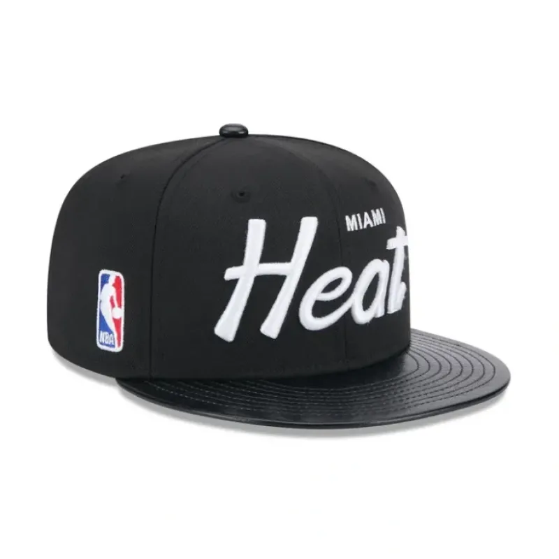 Store Miami Heat Faux Leather Visor 9FIFTY Snapback Hat - KTGCaps - Baseball caps for various teams, purchased online at a discount