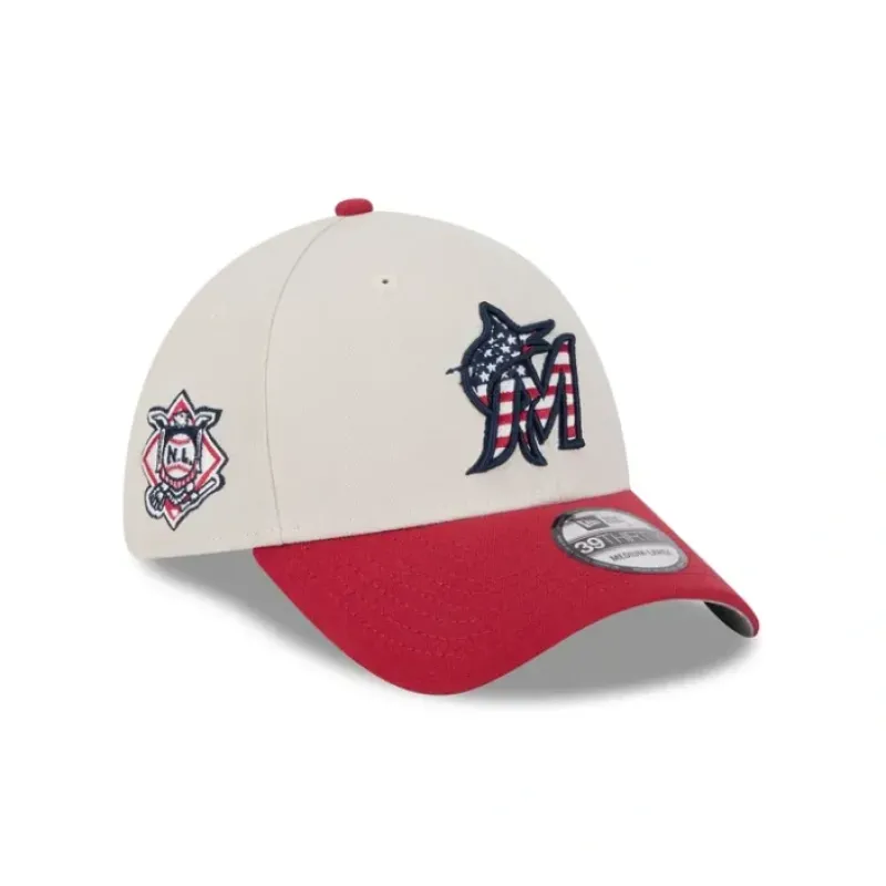 Discount Miami Marlins Independence Day 2024 39THIRTY Stretch Fit Hat - KTGCaps - Baseball caps for various teams, purchased online at a discount