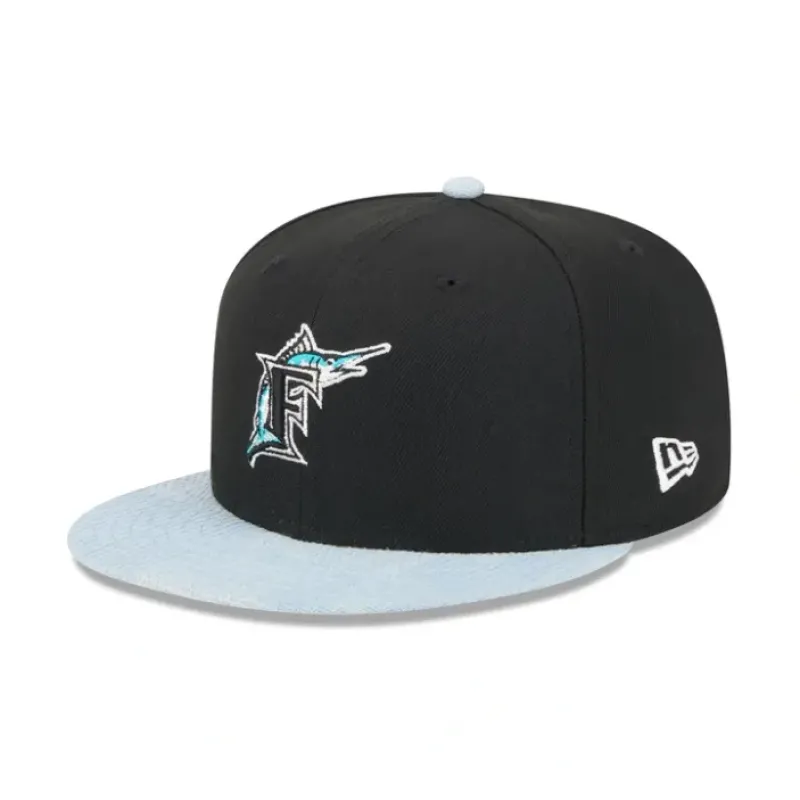 Best Sale Miami Marlins Patch Denim 59FIFTY Fitted Hat - KTGCaps - Baseball caps for various teams, purchased online at a discount