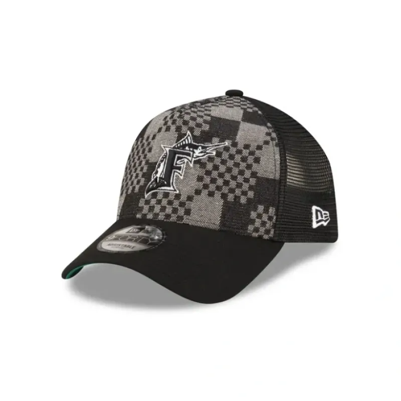 Online Miami Marlins Pattern Denim 9FORTY AFrame Trucker Hat - KTGCaps - Baseball caps for various teams, purchased online at a discount