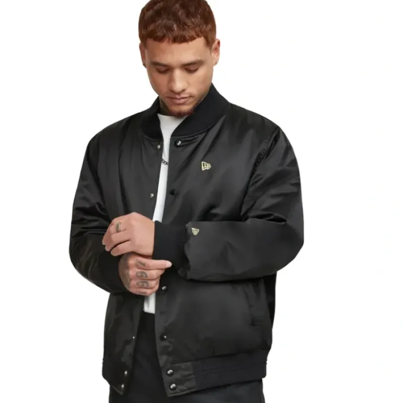 Clearance New Era Cap Essential Black Satin Bomber Jacket - KTGCaps - Baseball caps for various teams, purchased online at a discount