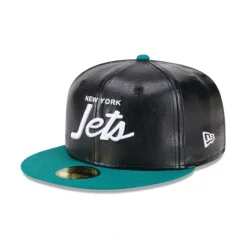 Clearance New York Jets Faux Leather Crown 59FIFTY Fitted Hat - KTGCaps - Baseball caps for various teams, purchased online at a discount